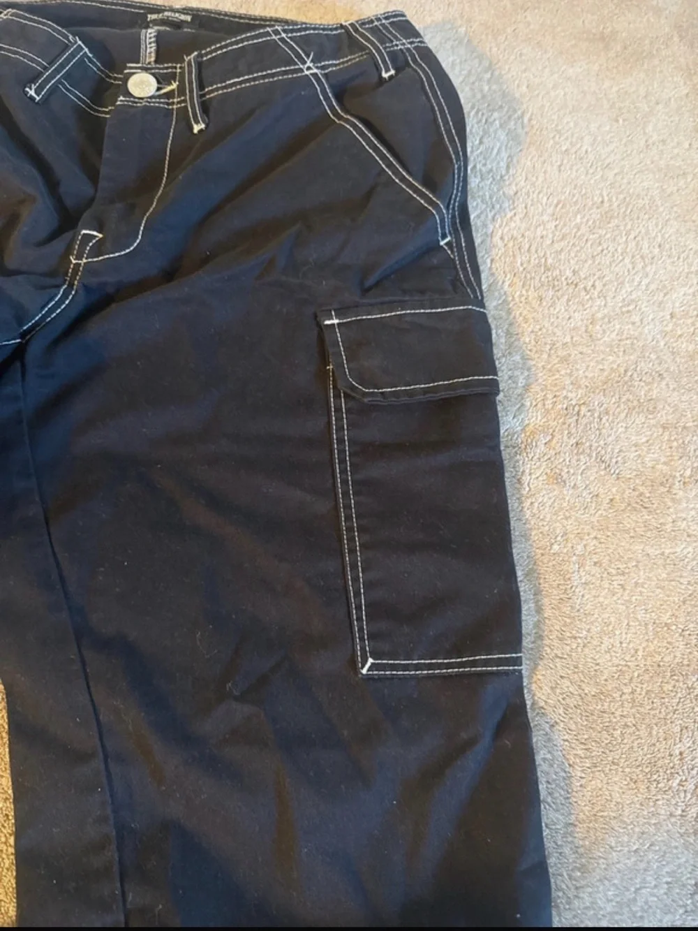 True Religion Black Cargo Pants with Contrast White Stitching